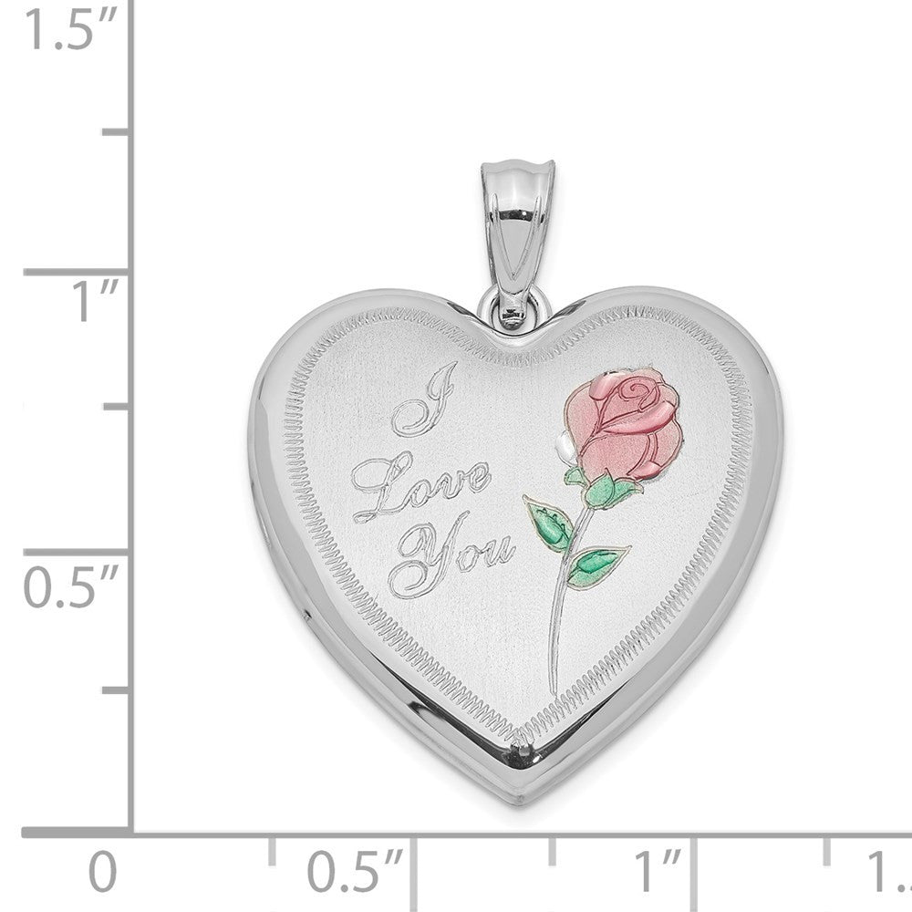 Sterling Silver Rhodium-plated 24mm Enameled Rose Heart Locket Pendant