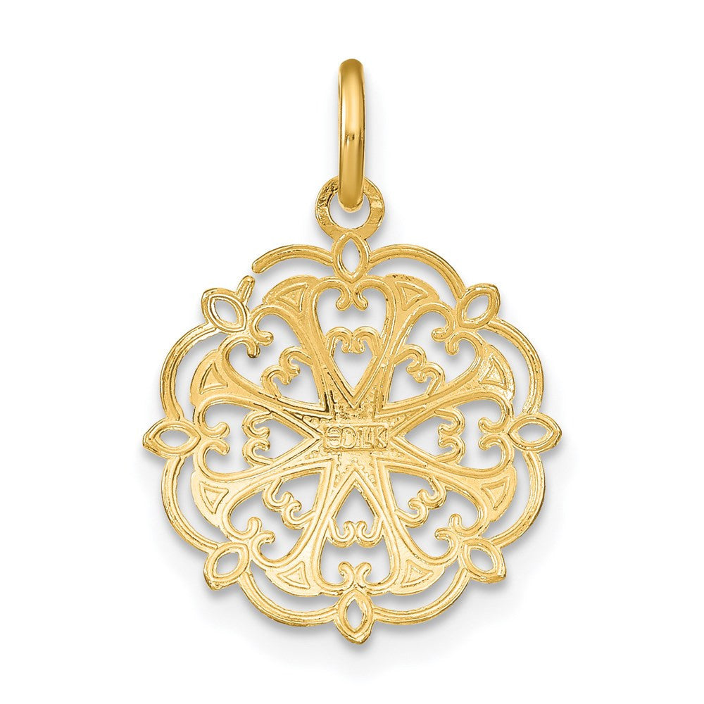 14k Yellow Gold w/Rhodium and D/C Filigree Heart Round Charm Pendant