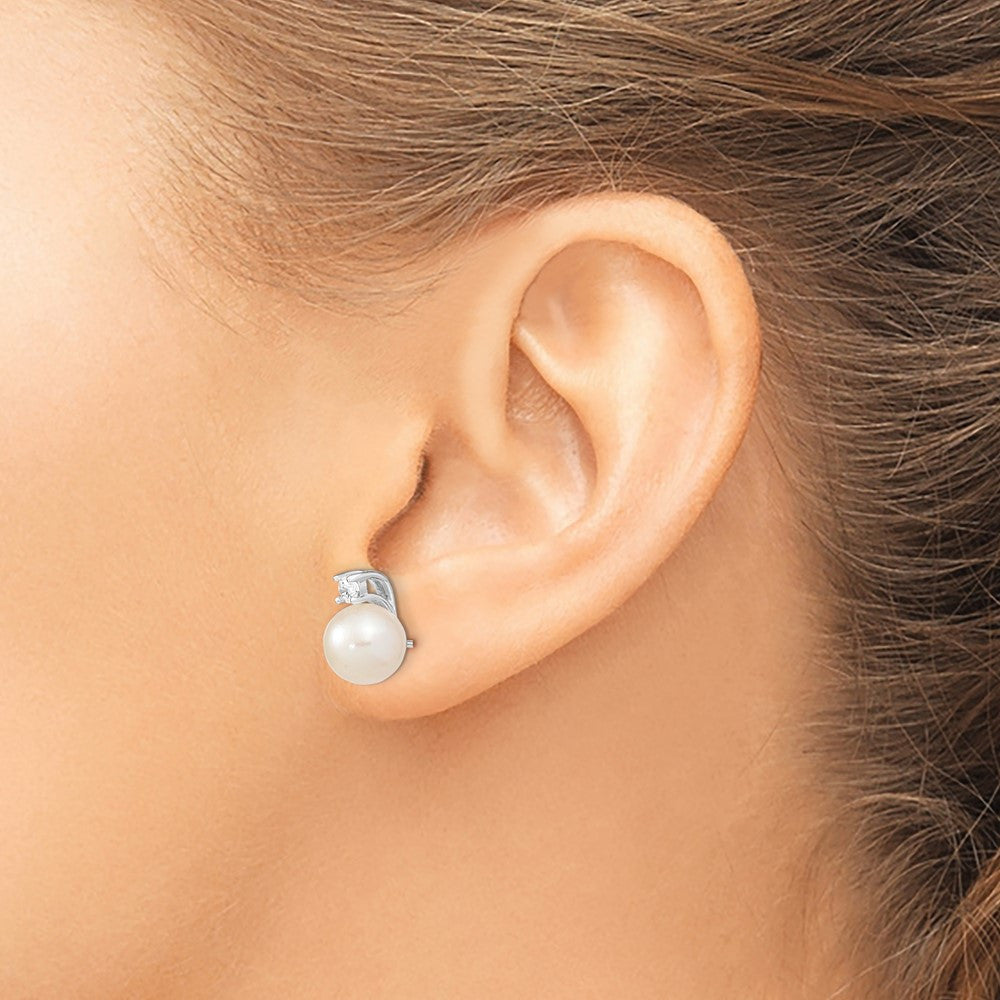 Sterling Silver White Semi-Round Freshwater Cultured Pearl and CZ Stud Earrings