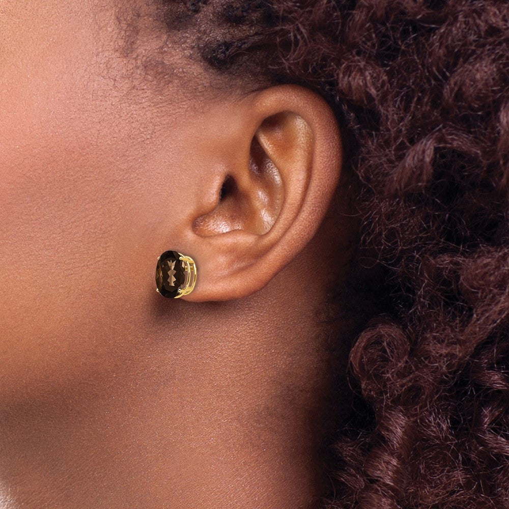 14k Yellow Gold 10x8 Oval Smoky Quartz Stud Earrings