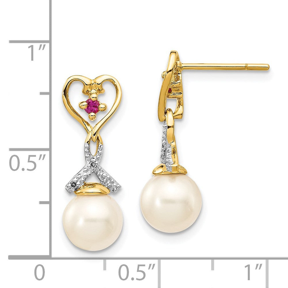 14k Yellow Gold 7-8mm FWC Pearl Created Ruby Diamond Heart Dangle Earrings