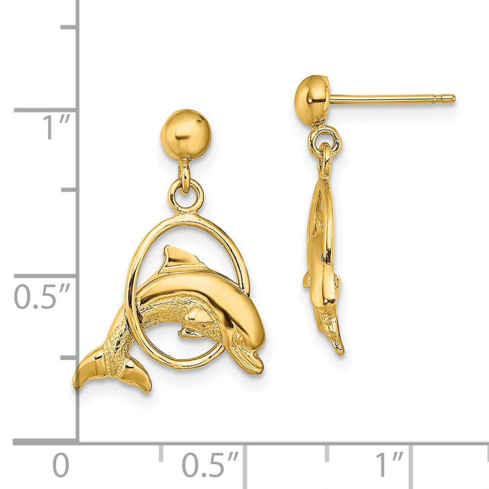 14k Yellow Gold 2-D Polished Dolphin Jumping Through Hoop Earrings