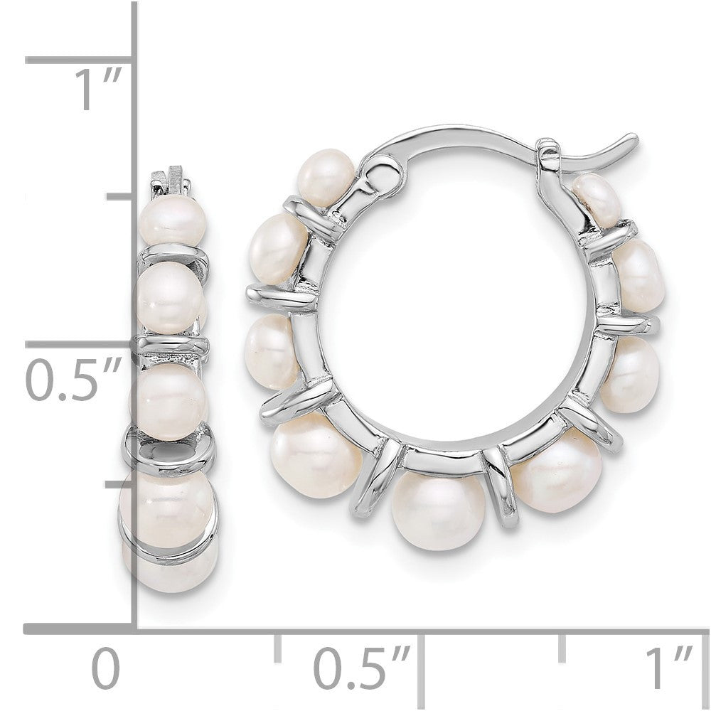 Sterling Silver Rhodium-plated Button Freshwater Cultured Pearl Hoop Earrings