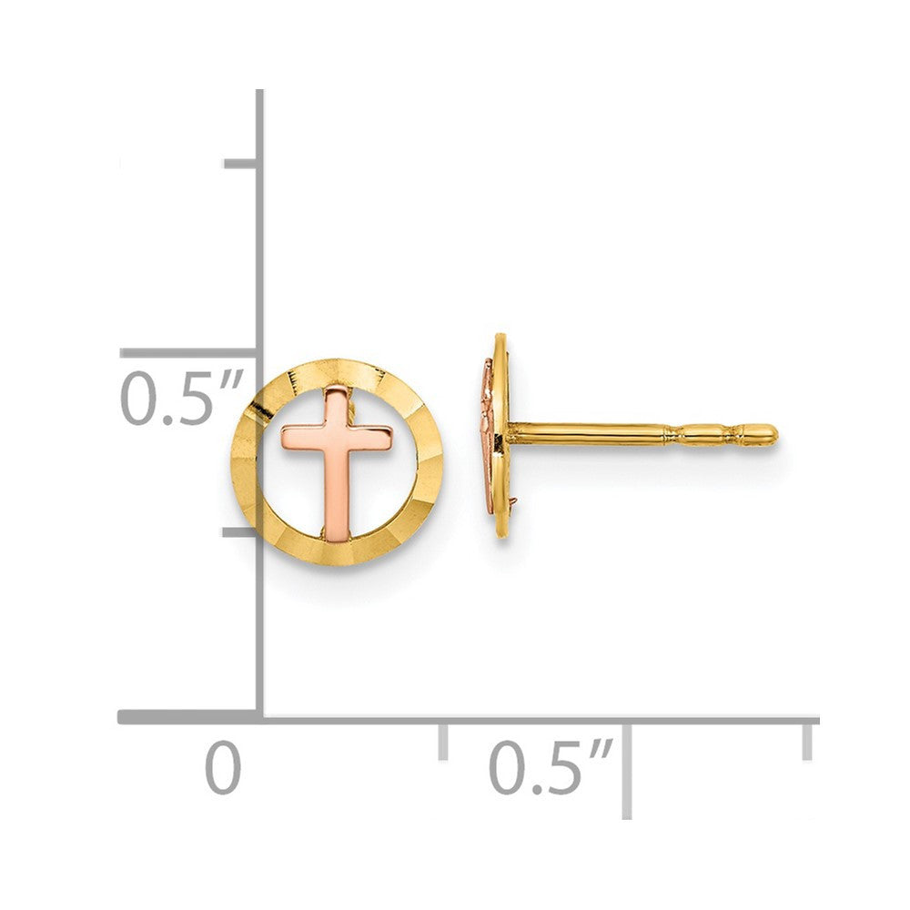 14K Two-tone Circle with Cross Stud Earrings