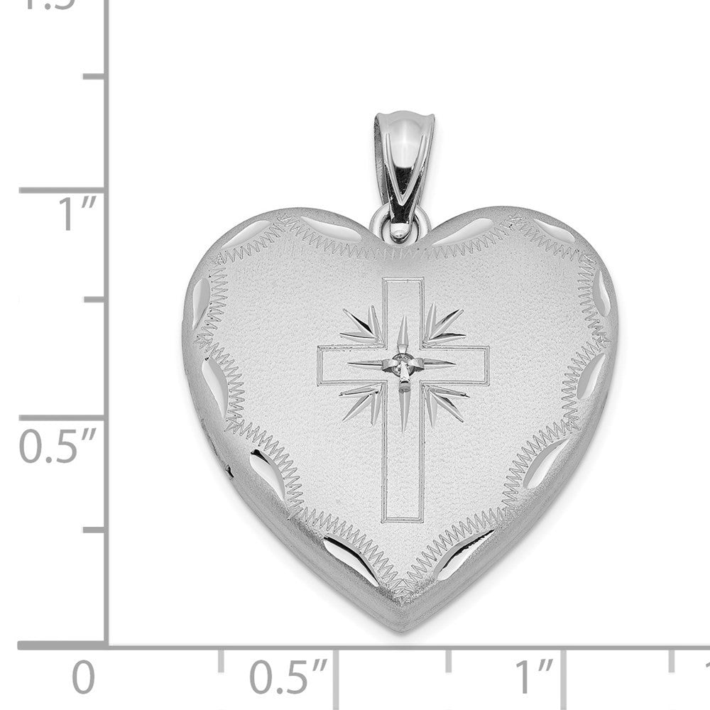 Sterling Silver 24mm Satin & Diamond-Cut Diamond Cross Heart Locket Pendant
