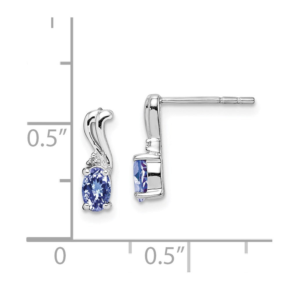 Sterling Silver Rhodium Plated Diamond & Tanzanite Oval Dangle Earrings