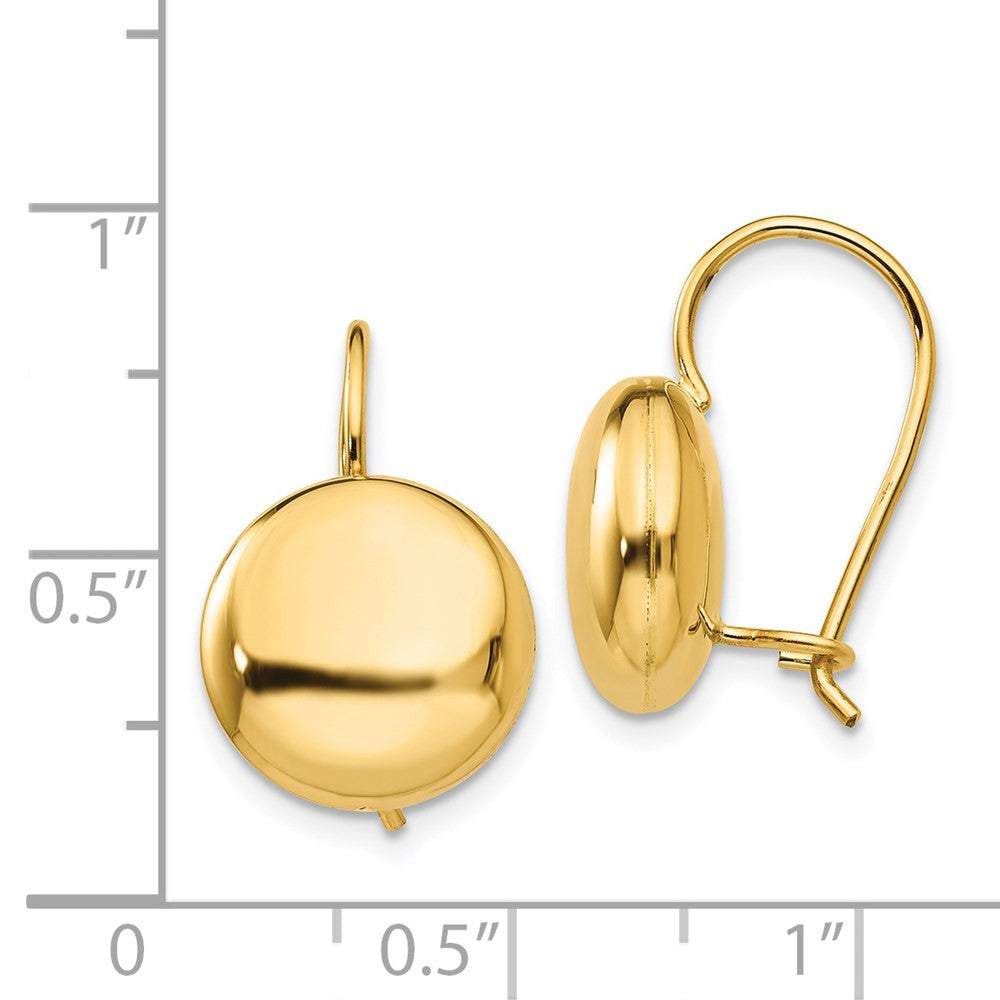 14k Yellow Gold Polished 12mm Button Kidney Wire Drop & Dangle Earrings