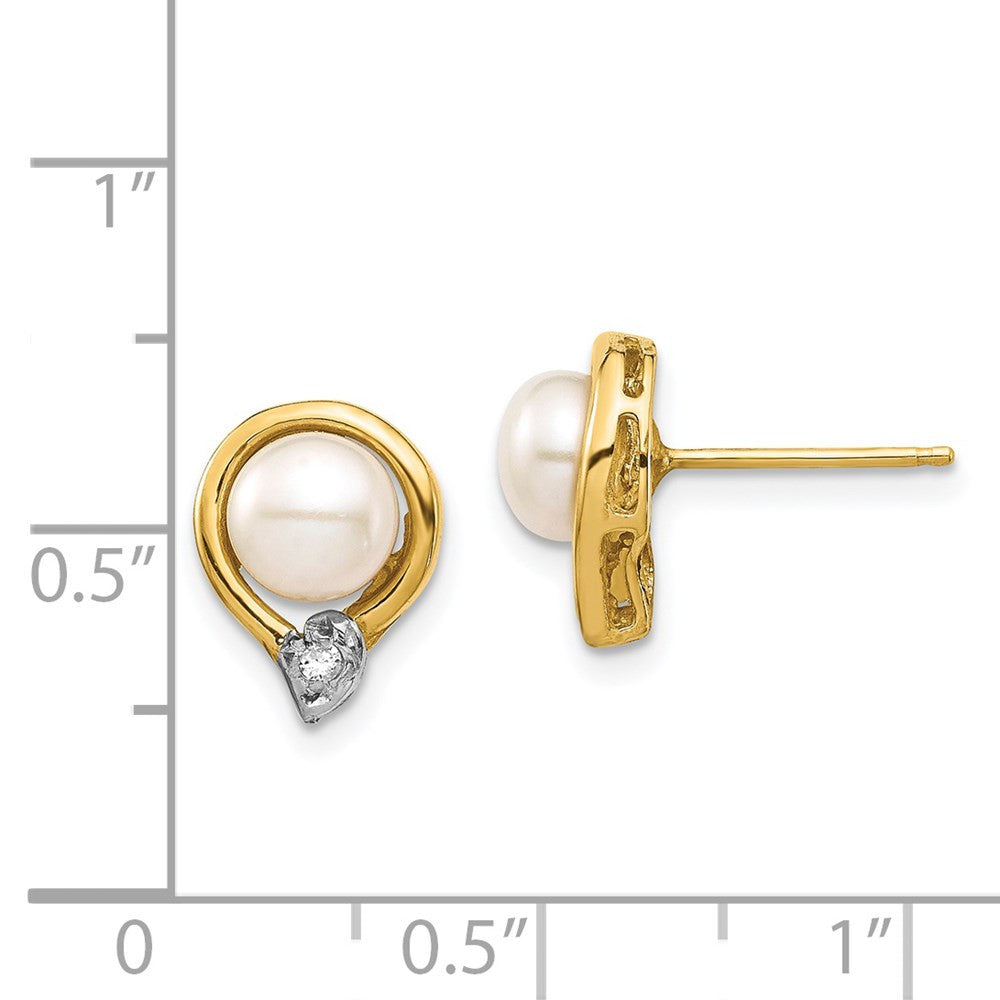 14k Yellow Gold 5-6mm Button Freshwater Cultured Pearl & Diamond Stud Earrings