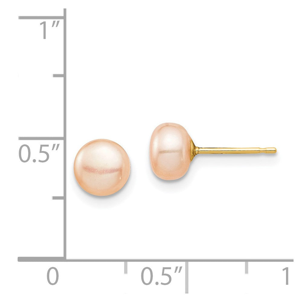 14k Yellow Gold 7mm Pink Button Cultured Pearl Stud Earrings with Silicone Backs
