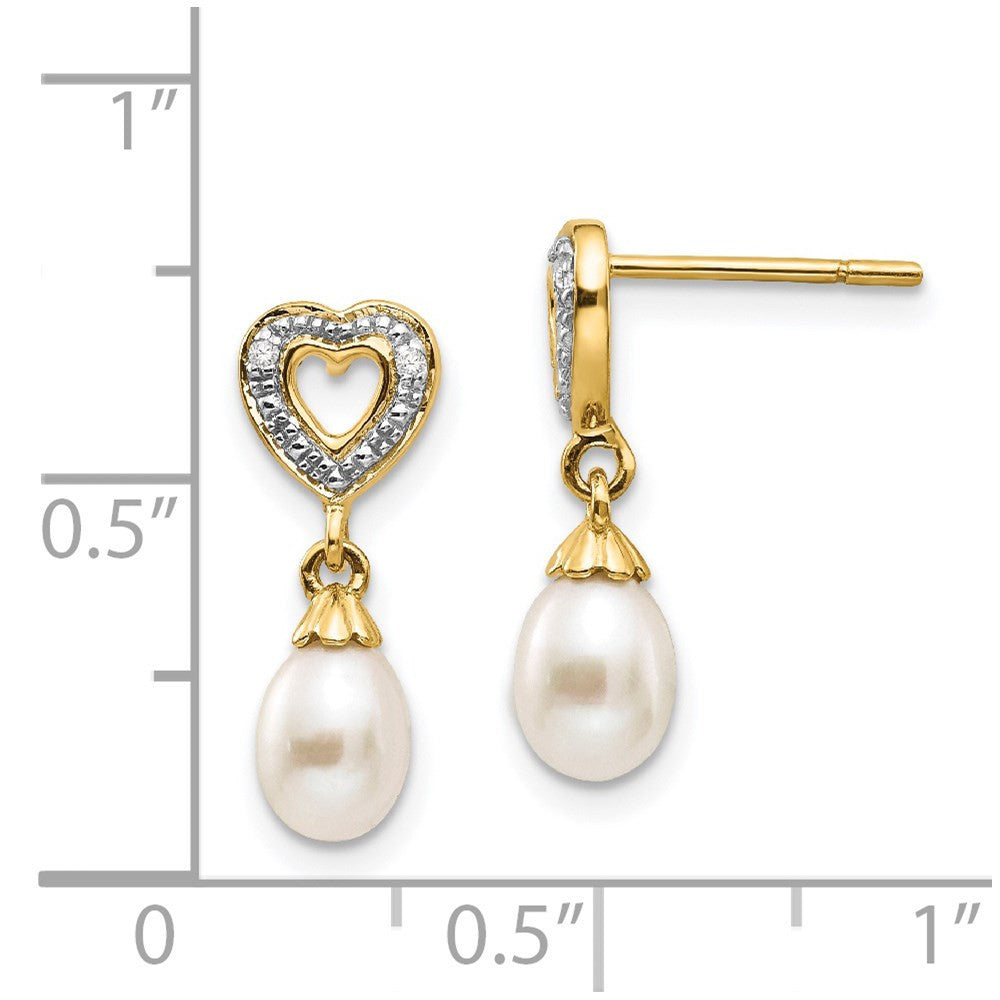 14k Yellow Gold 7x5mm Teardrop FWC Pearl .01ct Heart Diamond Dangle Earrings