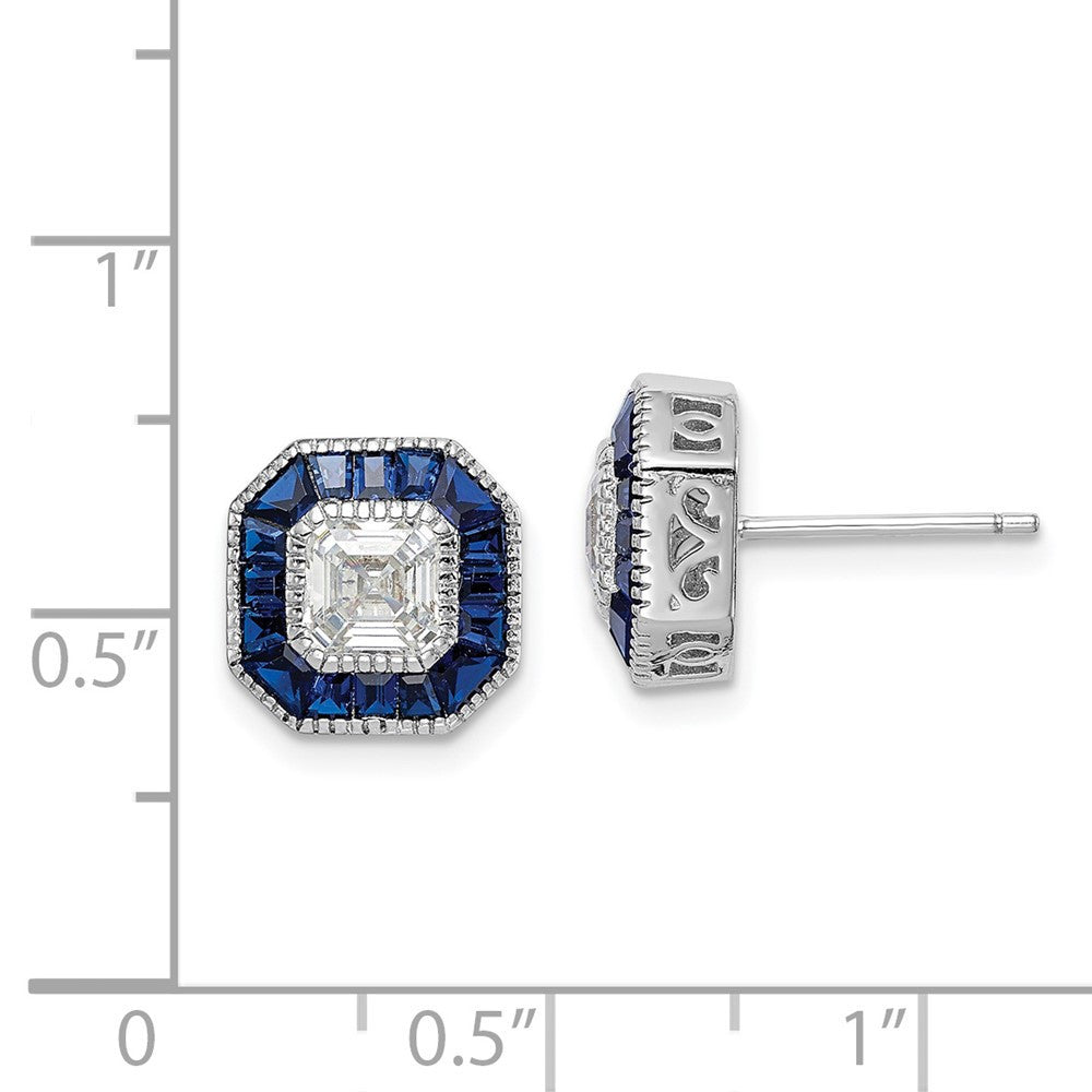 Sterling Silver Rhodium-plated Synthetic Blue Spinel and CZ Button Stud Earrings