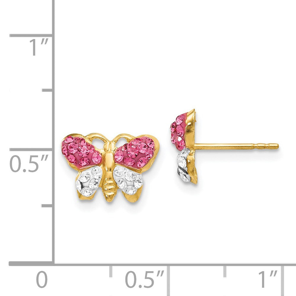 14k Yellow Gold Pink/White Crystal Butterfly Stud Earrings