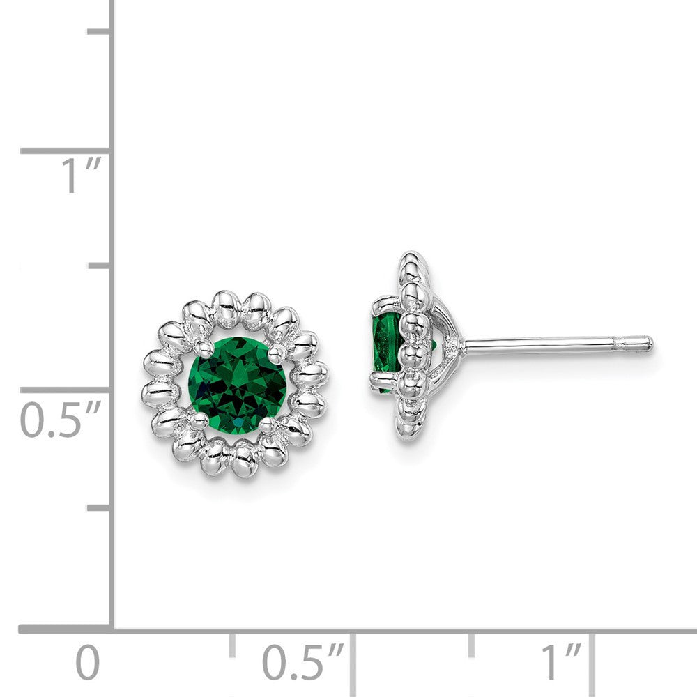 Sterling Silver Rhod-plat Created Emerald Button Stud Earrings
