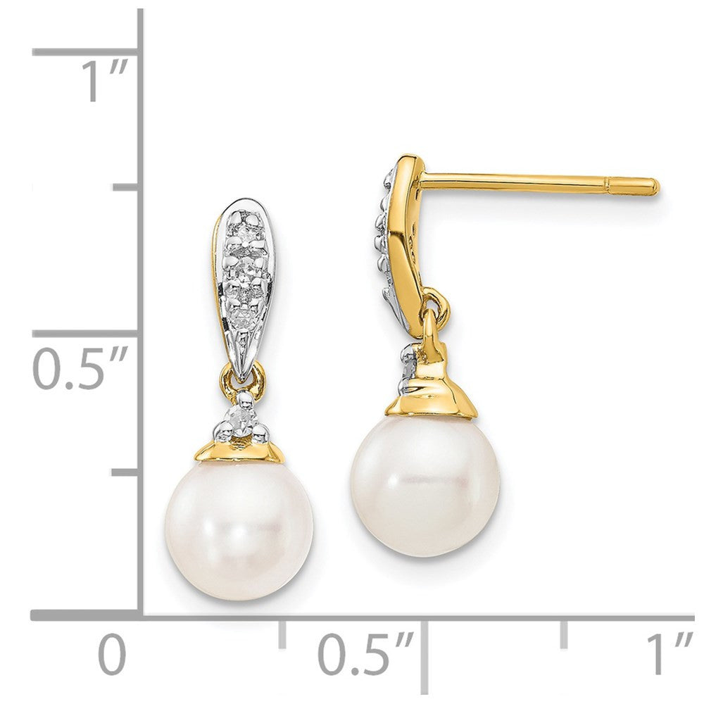 14k Yellow Gold 6-7mm White Round FWC Pearl .08ct Diamond Dangle Earrings