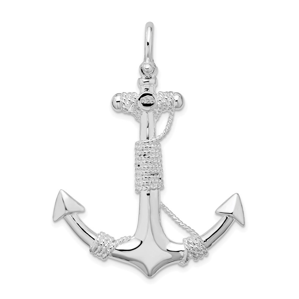Sterling Silver Rhodium-Plated Polished Anchor with Rope Pendant