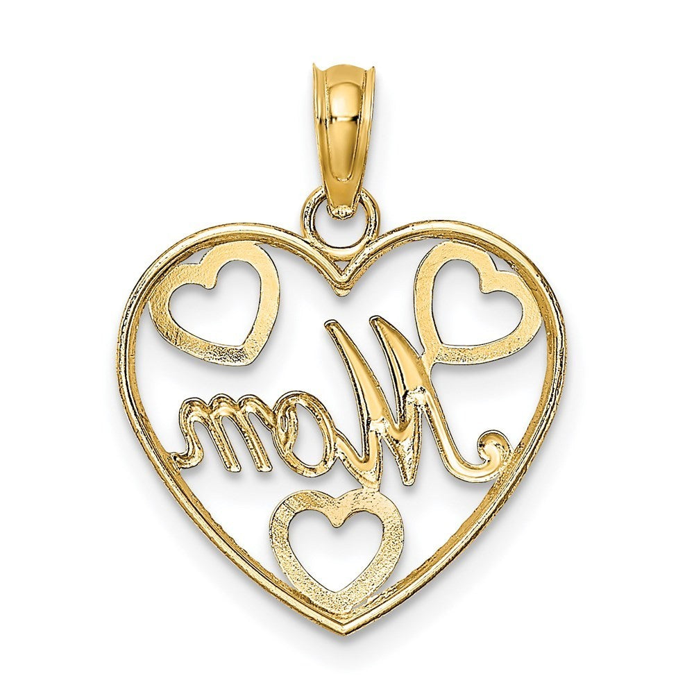 14k Yellow Gold with White Rhodium Textured MOM Heart Charm Pendant