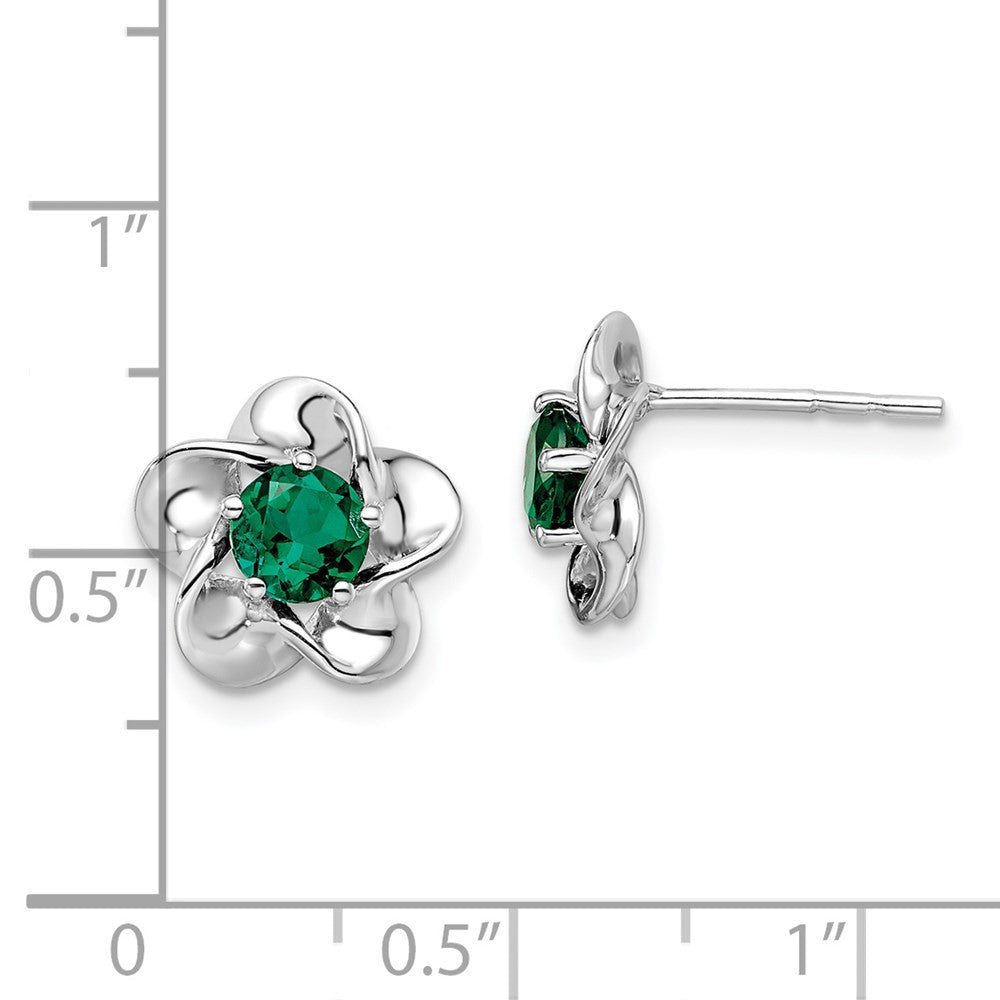 Sterling Silver Rhodium-plated Floral Created Emerald Button Stud Earrings