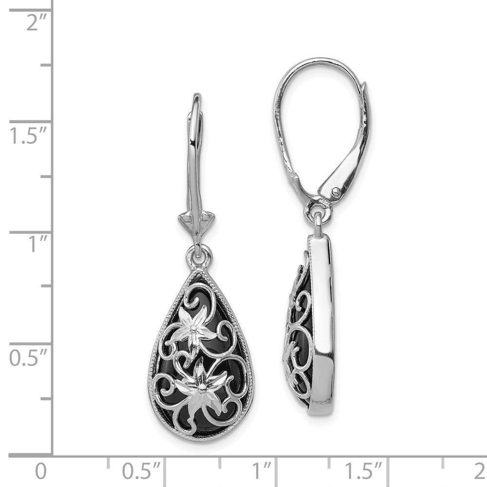 Sterling Silver RH-plated D/C Onyx Floral Tear Leverback Dangle Earrings