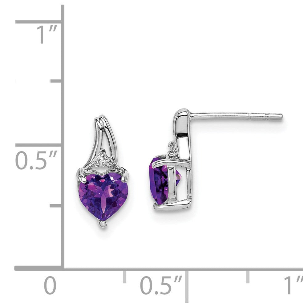 Sterling Silver Rhodium Plated Diamond and Amethyst Heart Dangle Earrings