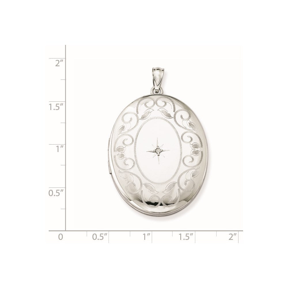 Sterling Silver Rhodium-plated Diamond w/ Swirl Border 34mm Oval Locket Pendant