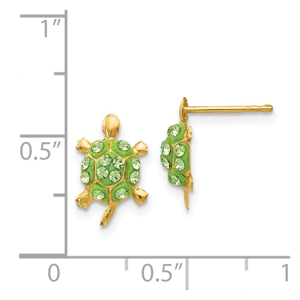 14k Yellow Gold Light Green Crystal Turtle Stud Earrings
