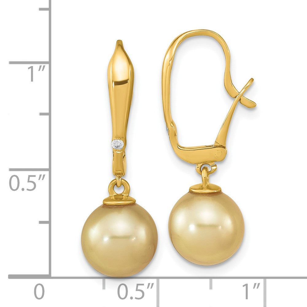 14k Gold Golden South Sea Saltwater Cultured Pearl & Diamond Dangle Earrings