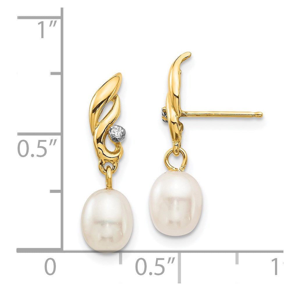 14k Yellow Gold 5-6mm Rice Freshwater Cultured Pearl & Diamond Dangle Earrings