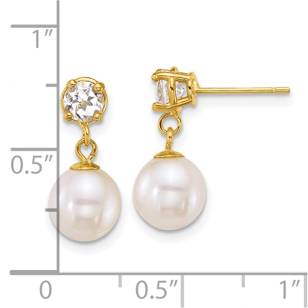 14k Yellow Gold Polished 7-8mm Freshwater Cultured Pearl & Topaz Dangle Earrings