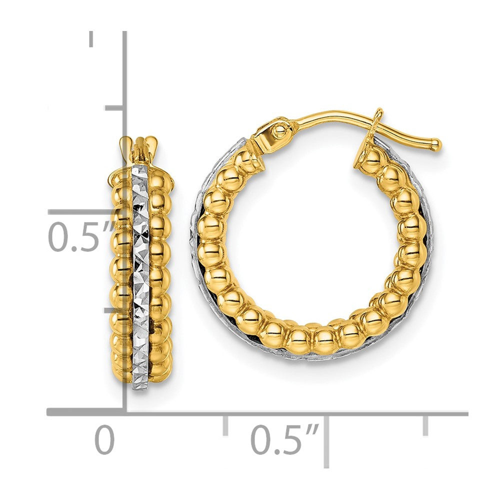 14k Two Tone Polished and Diamond-cut and Beaded Hoop earrings