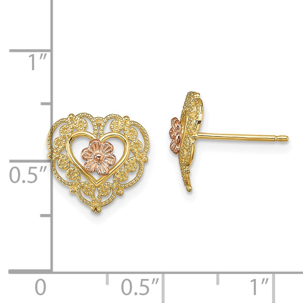 14k Two-tone Gold w/ Lace Trim and Flower Heart Stud Earrings