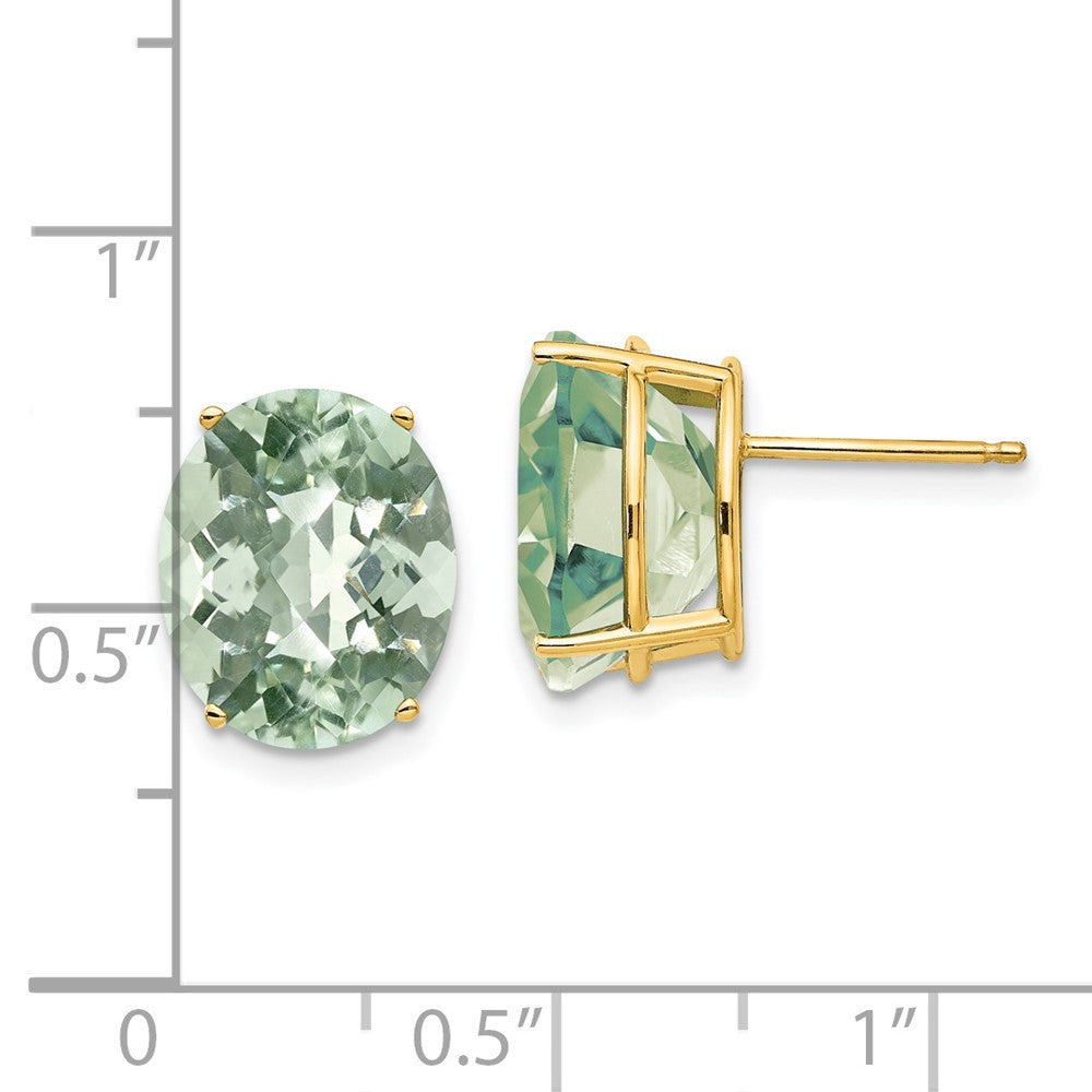 14k Yellow Gold 12x10 Oval Checker-Cut Green Quartz Stud Earrings