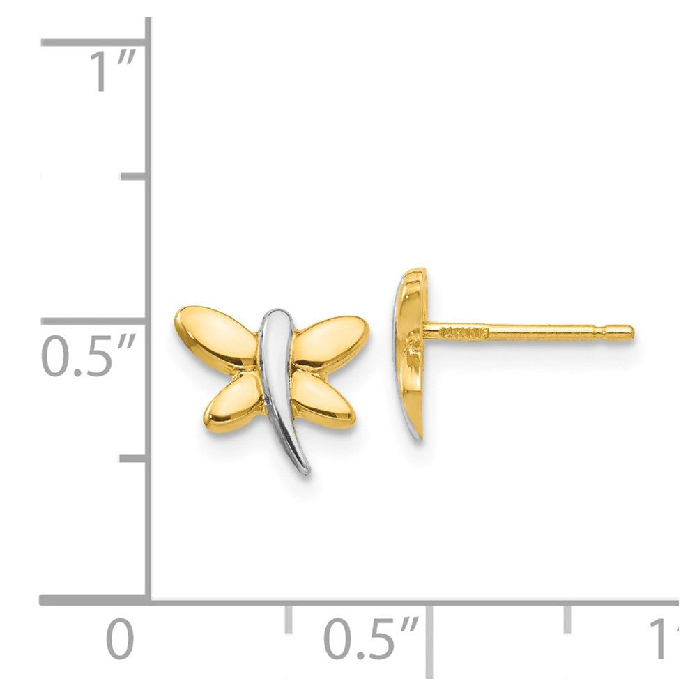 14k Yellow Gold with Rhodium Polished Dragonfly Stud Earrings