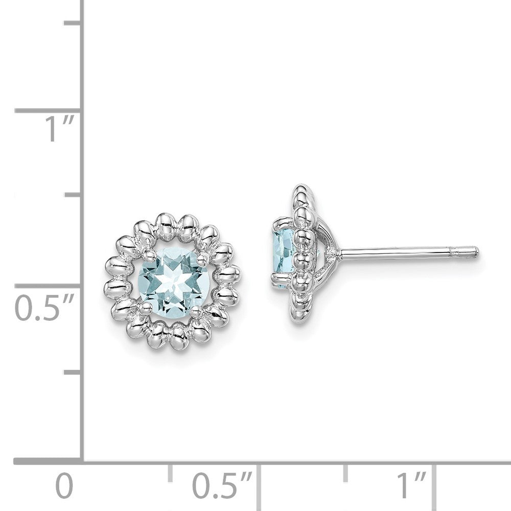 Sterling Silver Rhod-plat Aquamarine Button Stud Earrings