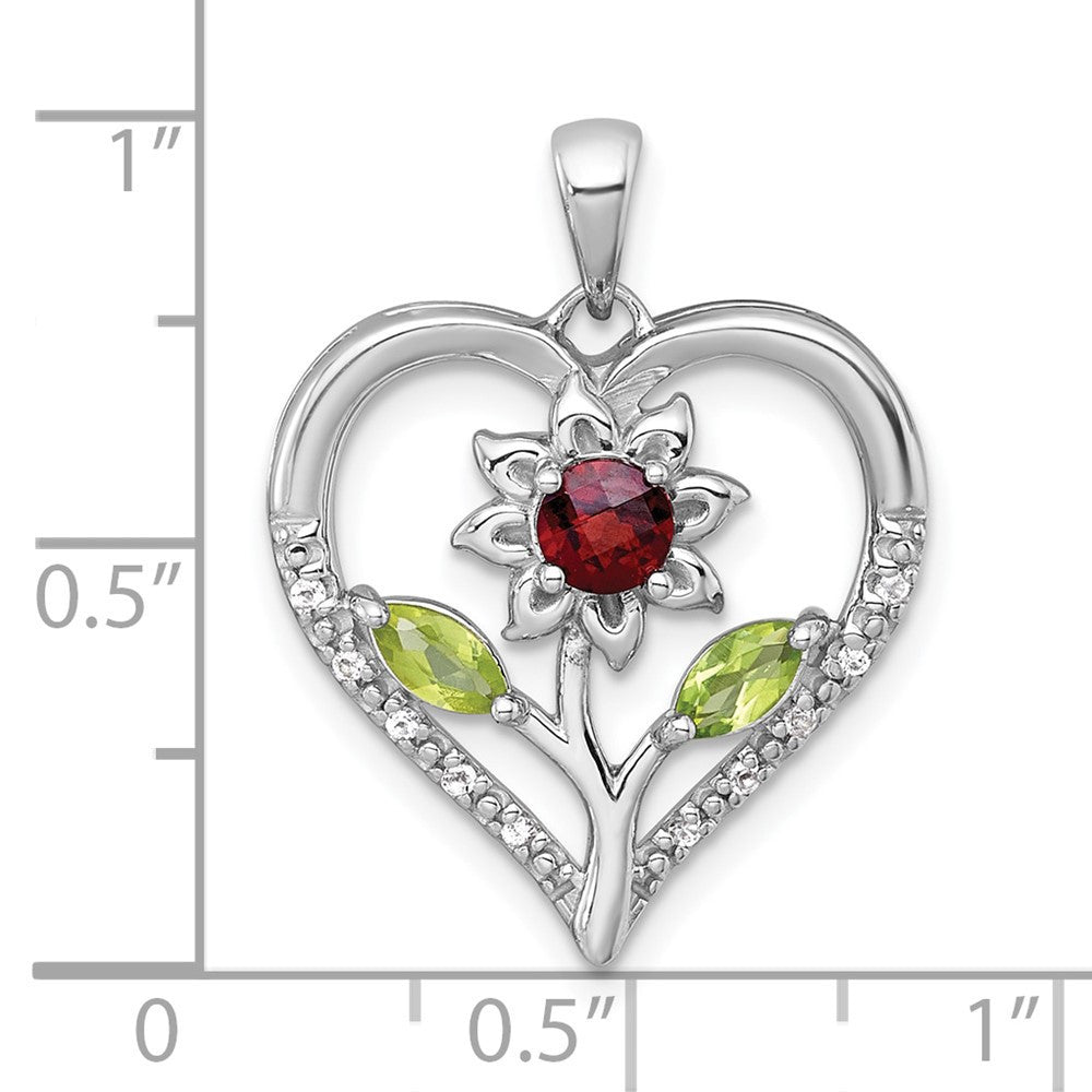 Sterling Silver Rhodium Polished Garnet and White Topaz Flower Heart Pendant