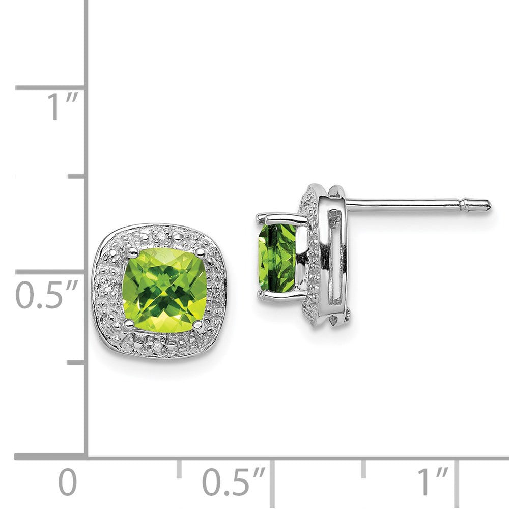 Sterling Silver Rhodium Plated Peridot and Diamond Button Stud Earrings