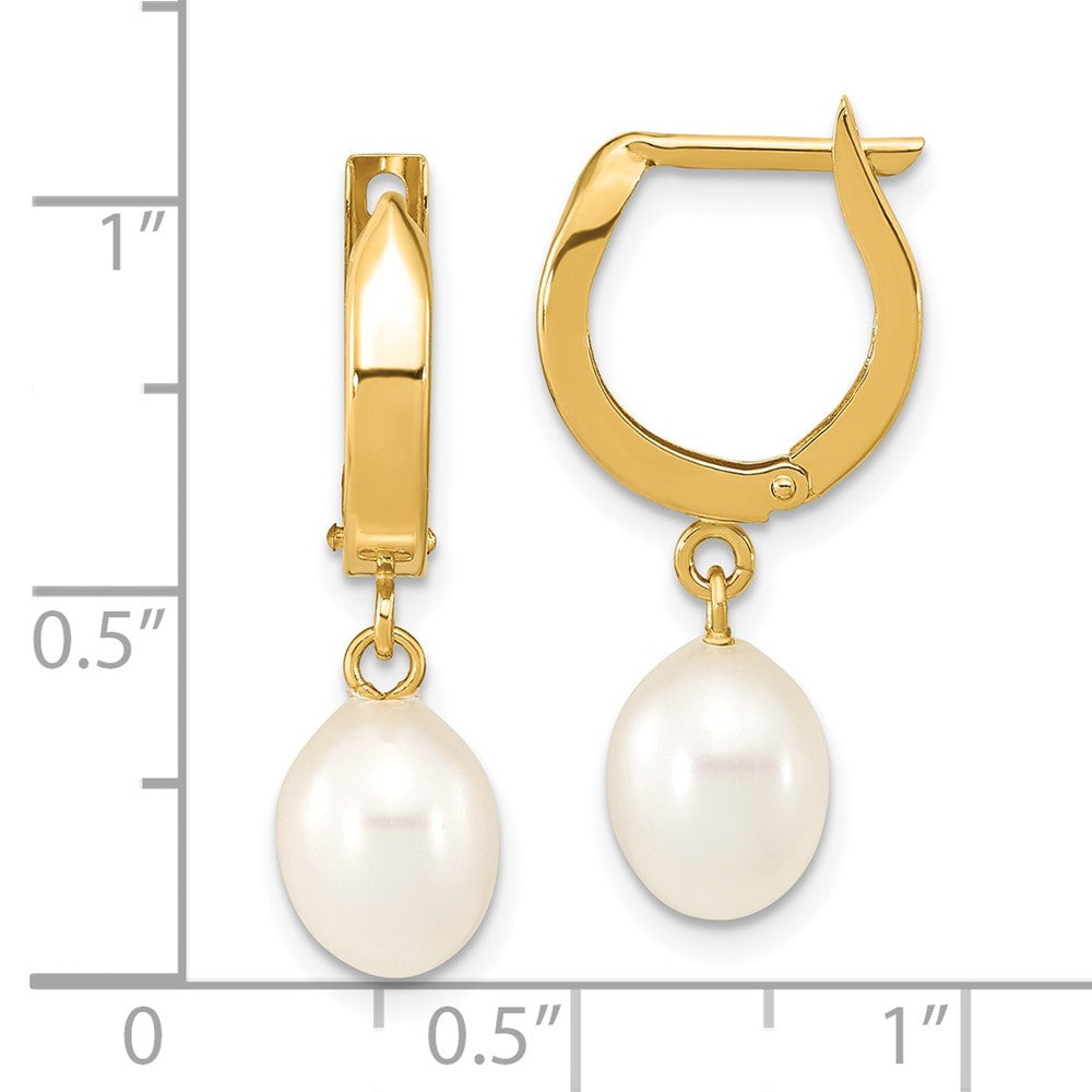 14k Yellow Gold 6-7mm White Rice Freshwater Cultured Pearl Hoop Dangle Earrings