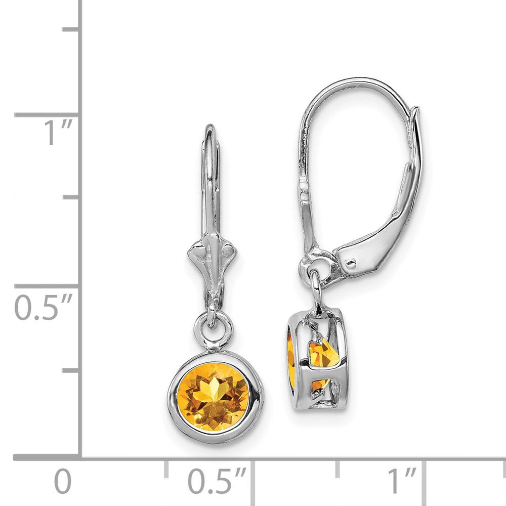 Sterling Silver Rhodium Plated 6mm Round Citrine Leverback Dangle Earrings
