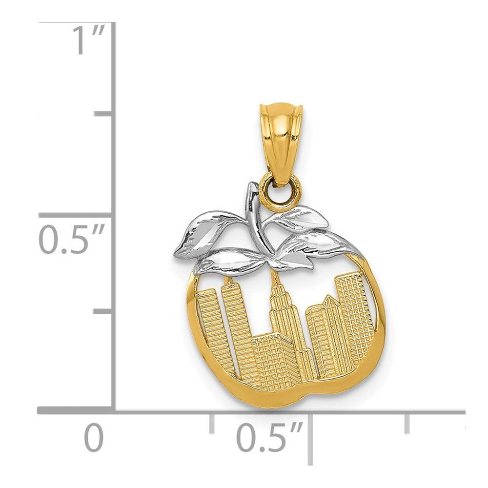 14k Yellow Gold with White Rhodium Cut-out New York Skyline in Apple Pendant