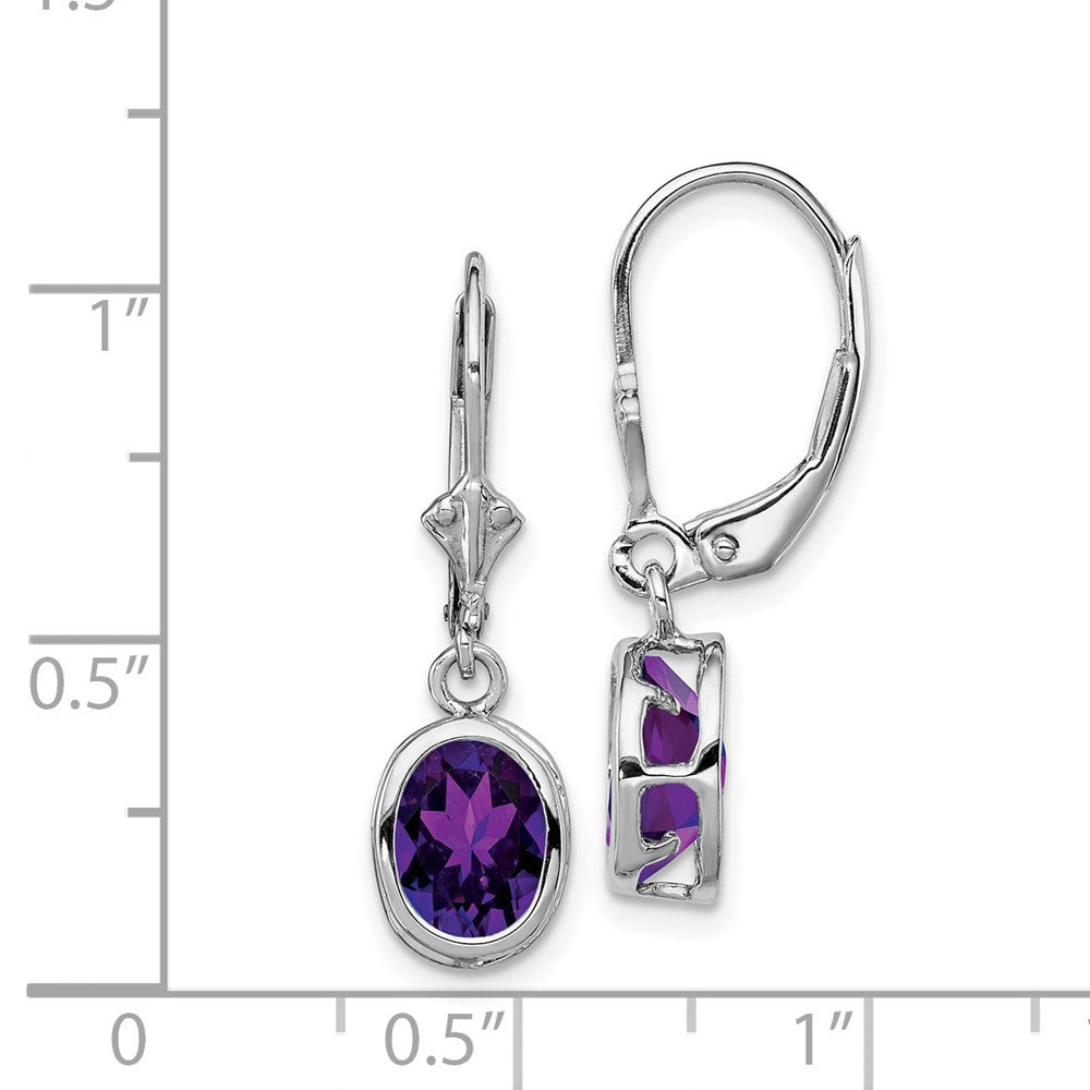 Sterling Silver Rhodium Plated 8x6mm Oval Amethyst Leverback Dangle Earrings