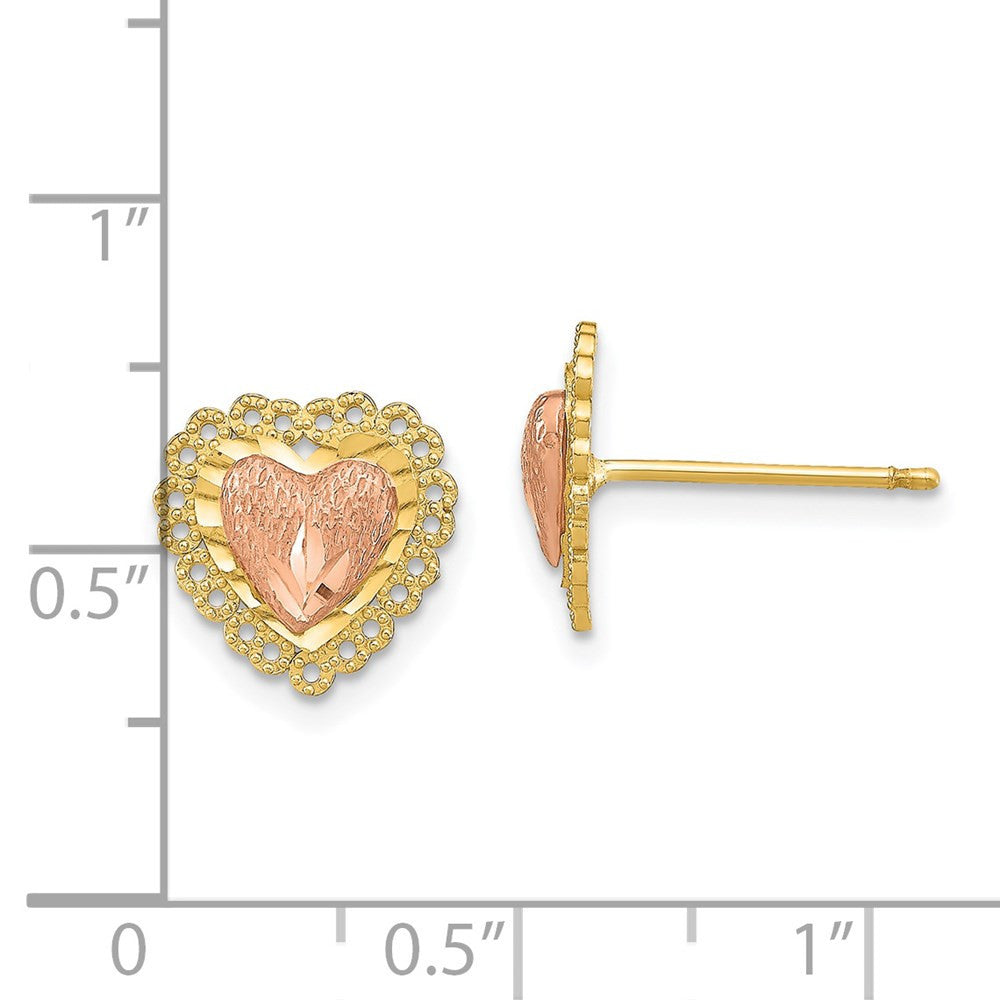 14k Two-tone Gold Diamond-Cut Heart w/ Lace Trim Stud Earrings