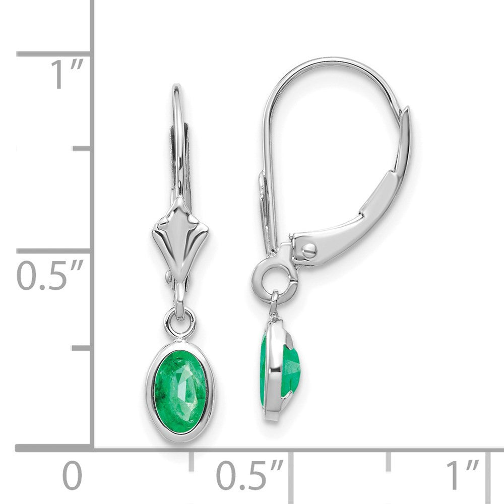 14k White Gold 6x4 Oval Bezel May/Emerald Leverback Dangle Earrings
