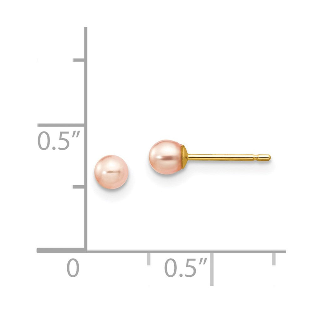 14k Yellow Gold 3-4mm Pink Round Freshwater Cultured Pearl Stud Earrings