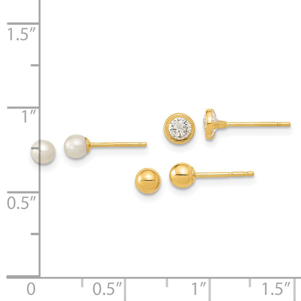 14k Yellow Gold Polished Set of Pearl and CZ Bezel 3 Pair Ball Stud Earrings Set
