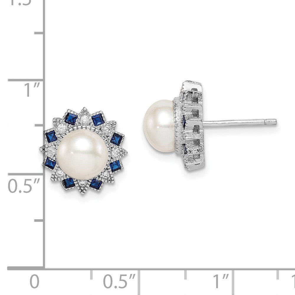 Sterling Silver RH-plated FWC Pearl/Syn. Blue Spinel/CZ Button Stud Earrings
