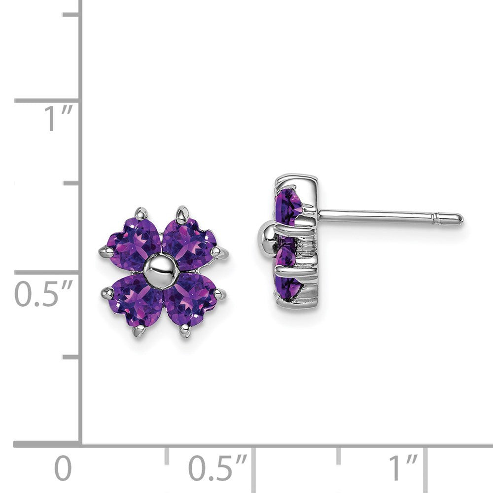 Sterling Silver Rhodium Plated Amethyst Flower Button Stud Earrings