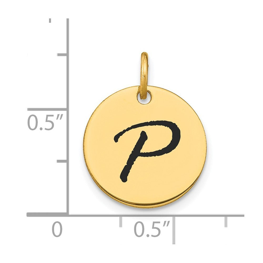 14k Yellow Gold Polished Black Enamel Letter P Initial Disk Charm Pendant