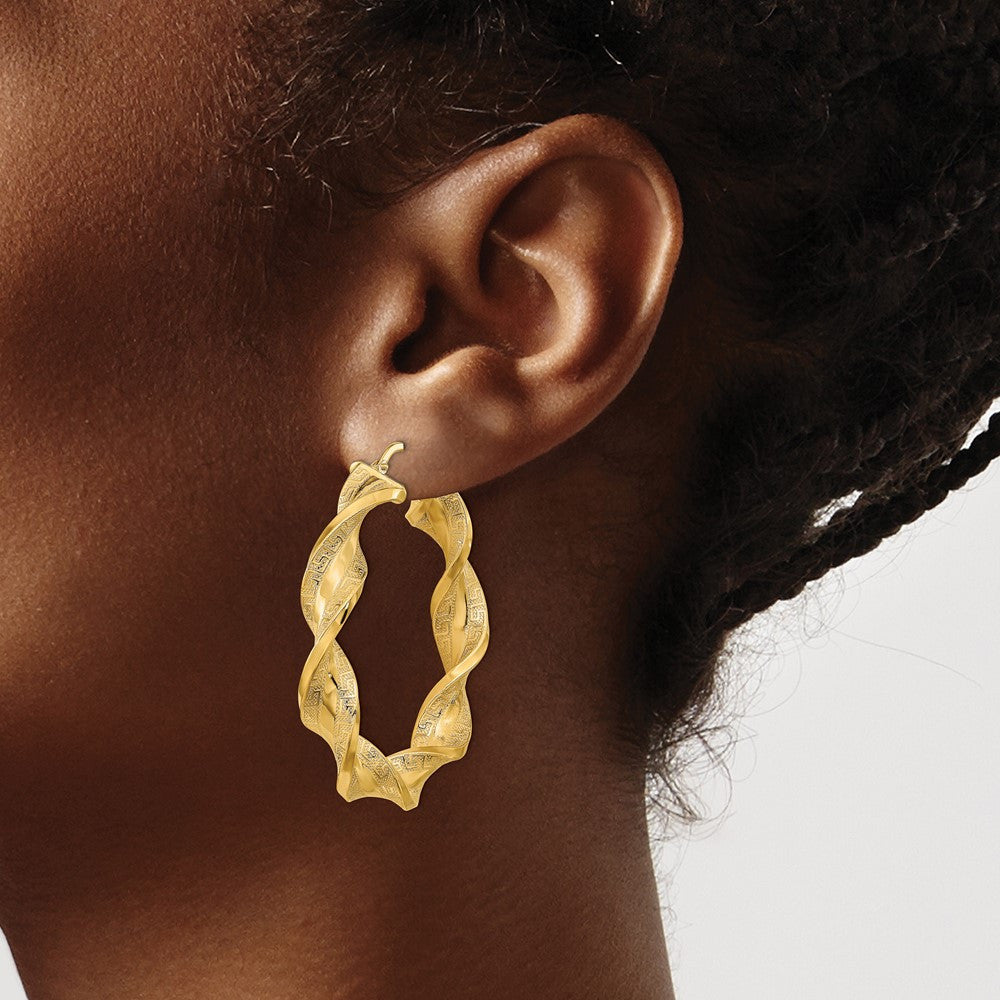 14k Yellow Gold Polished & Greek Satin Twisted Hoop Earrings