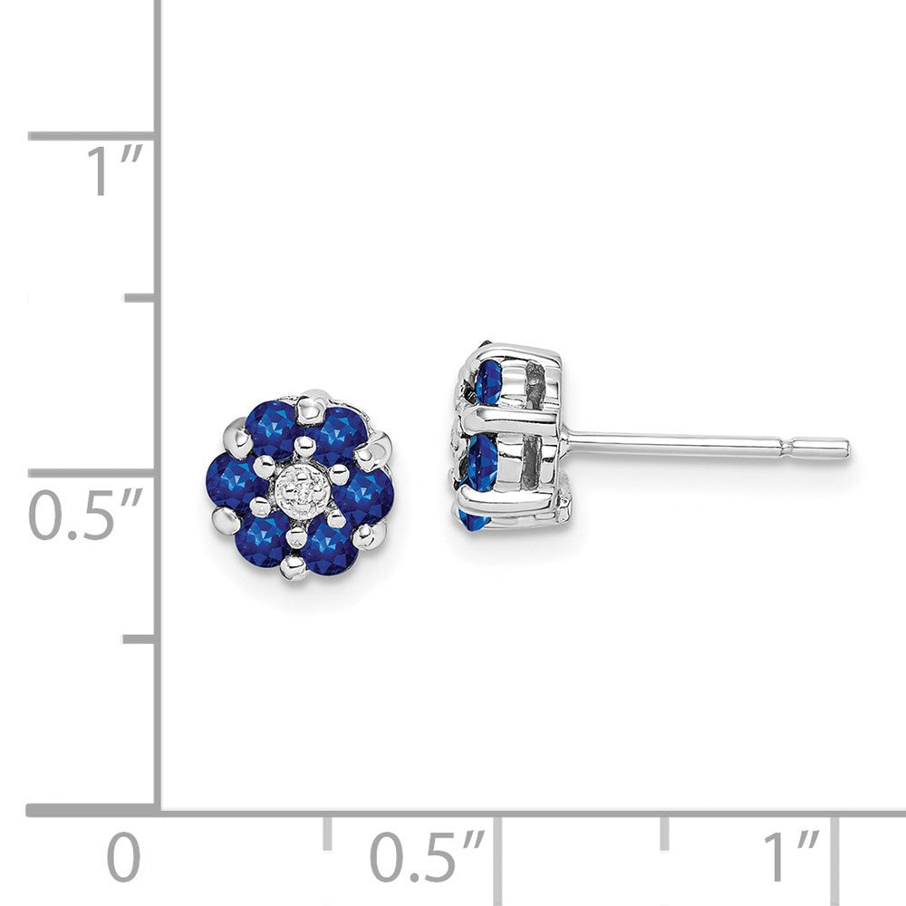 Sterling Silver Rhodium Sapphire & Diamond Button Stud Earrings