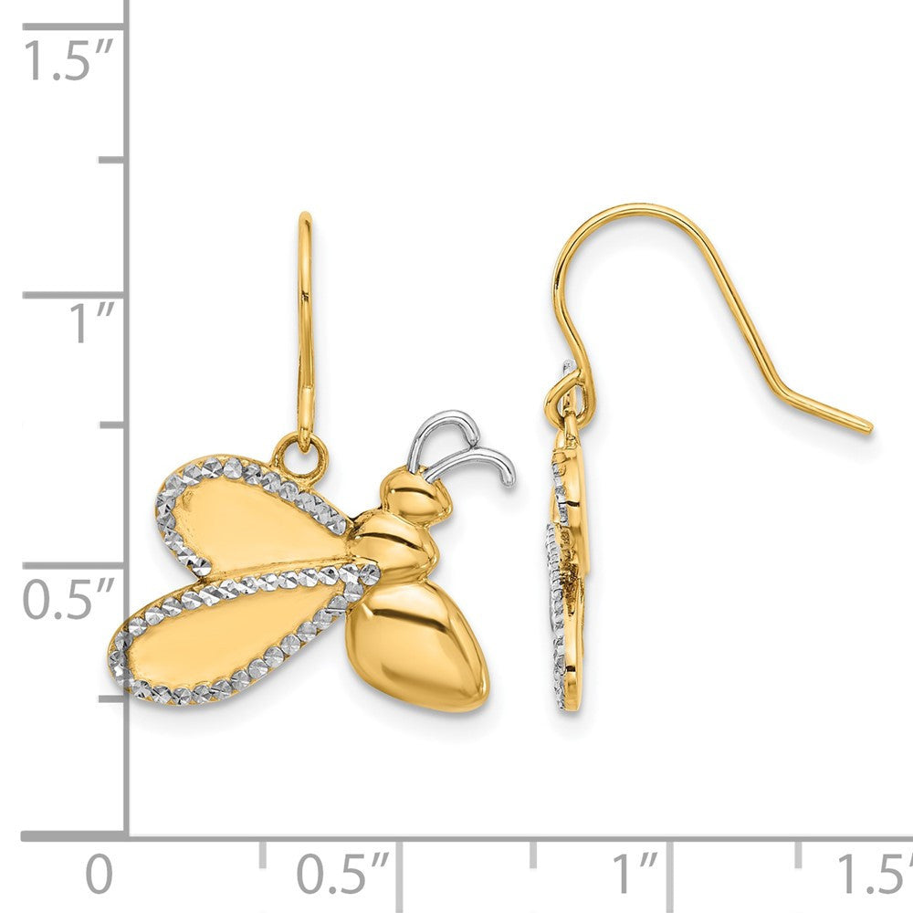 14k Yellow Gold and White Rhodium D/C Bee Dangle Earrings