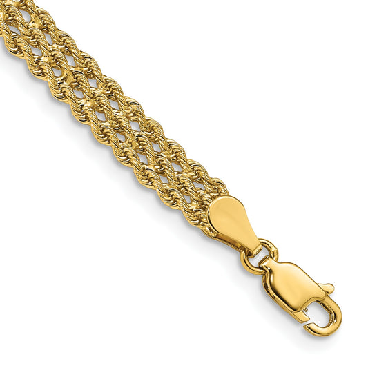 14k 5.5mm Wide Triple Strand Rope 8 inch Bracelet